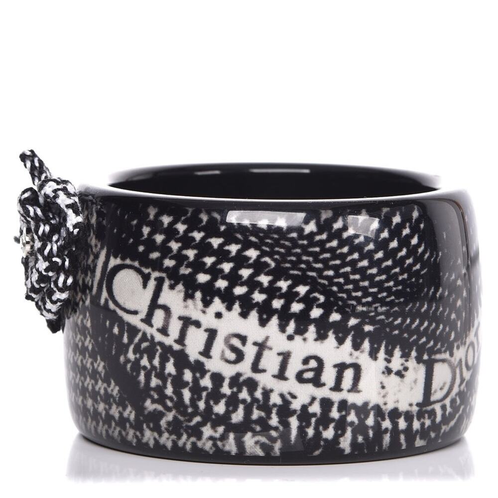 AUTH VTG Christian Dior LadyD Houndstooth Logo Tweed Crystal Bangle Bracelet